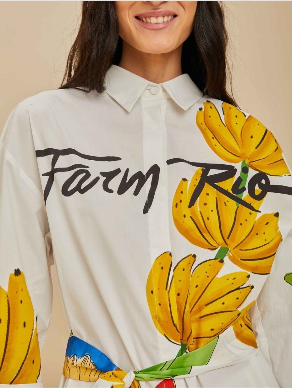 FARM RIO Off-White Tropical Parrot &Banana Organic Cotton Chemise Midi Dress NWT - Picture 3 of 7